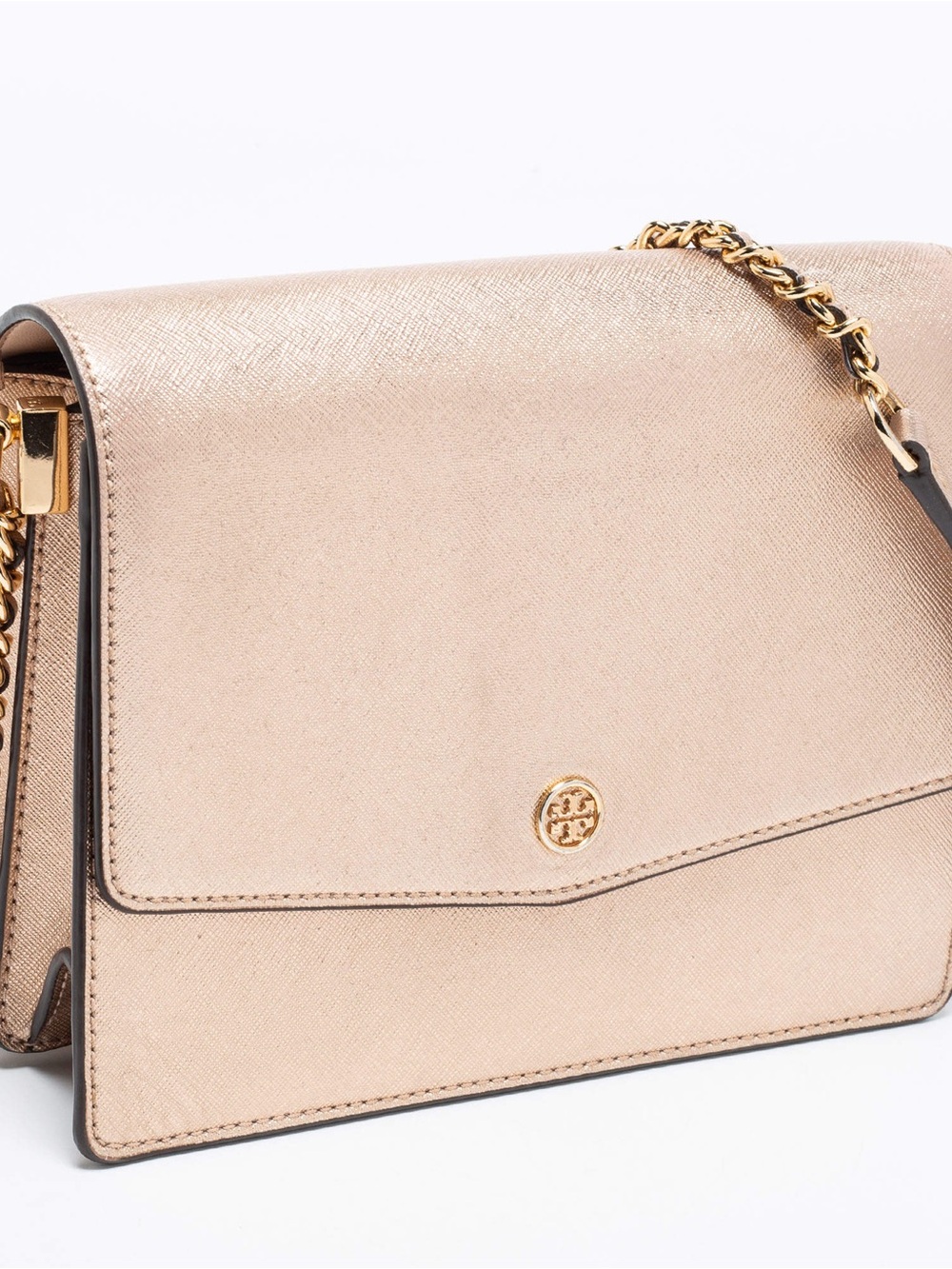 Tory Burch Robinson Chain Wallet Crossbody Rose Gold Metallic Saffiano Leather